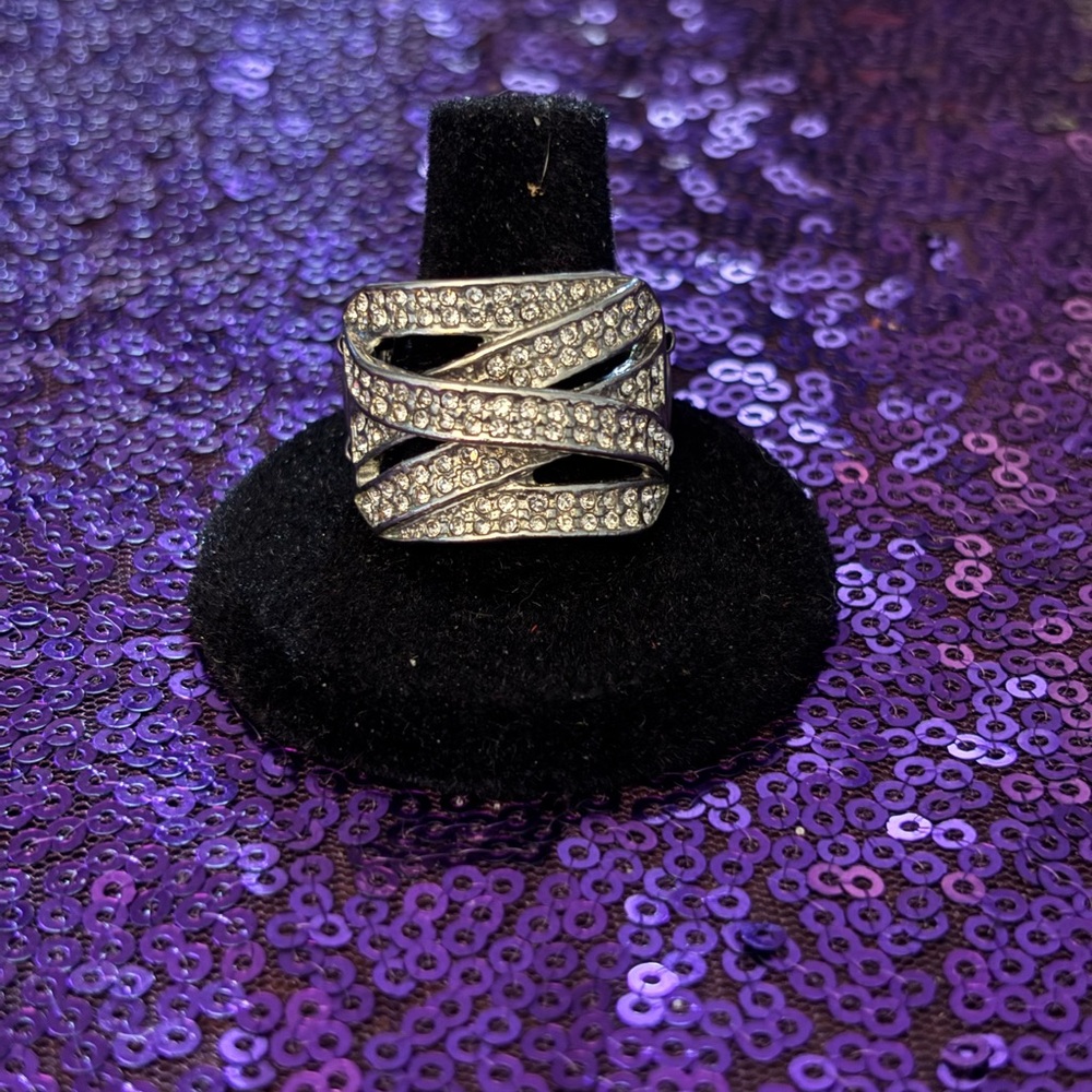 paparazzi Silver-Tone Pave Ribbon Statement Ring